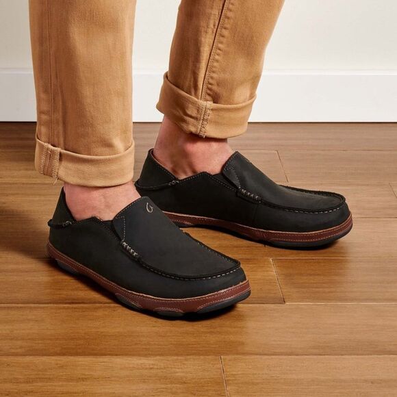 OluKai EUC Men's Maloa Slip-On Shoes - Size 14- Black/Toffee Color Leather - Picture 1 of 9